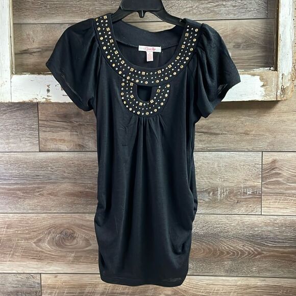 Lena Tops - Lena Ladies Embellished Stud Embellished Neckline Top Size Small Black